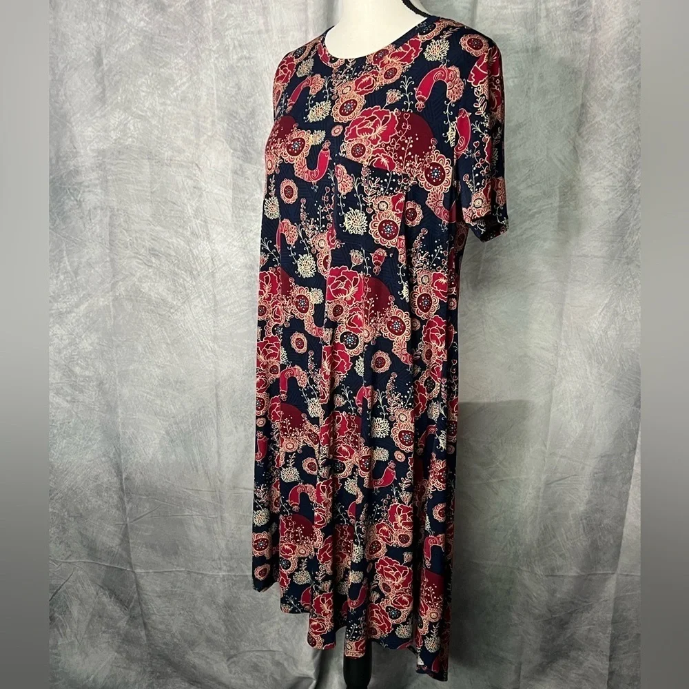 LuLaRoe Carly Floral Print Navy and Red Short Sleeve High-Low Swing Dress - S